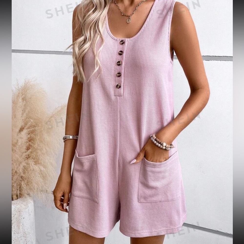 Pink Tank Romper Half Button Dual Pocket - Picture 1 of 4